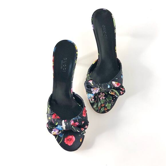 NIB Vintage Gucci Flora Satin Bow Flower Print Kitten Heel Slip On Mules 6 - Picture 3 of 12